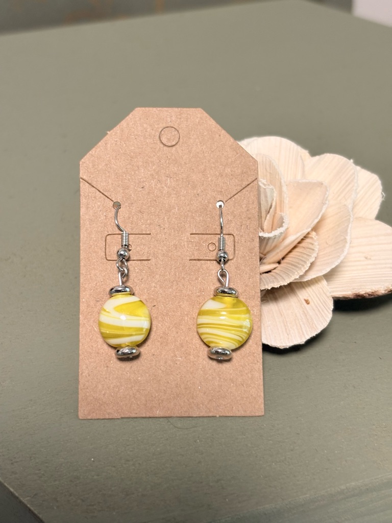 Yellow Swirl Glass Drop Earrings With Silver Accents